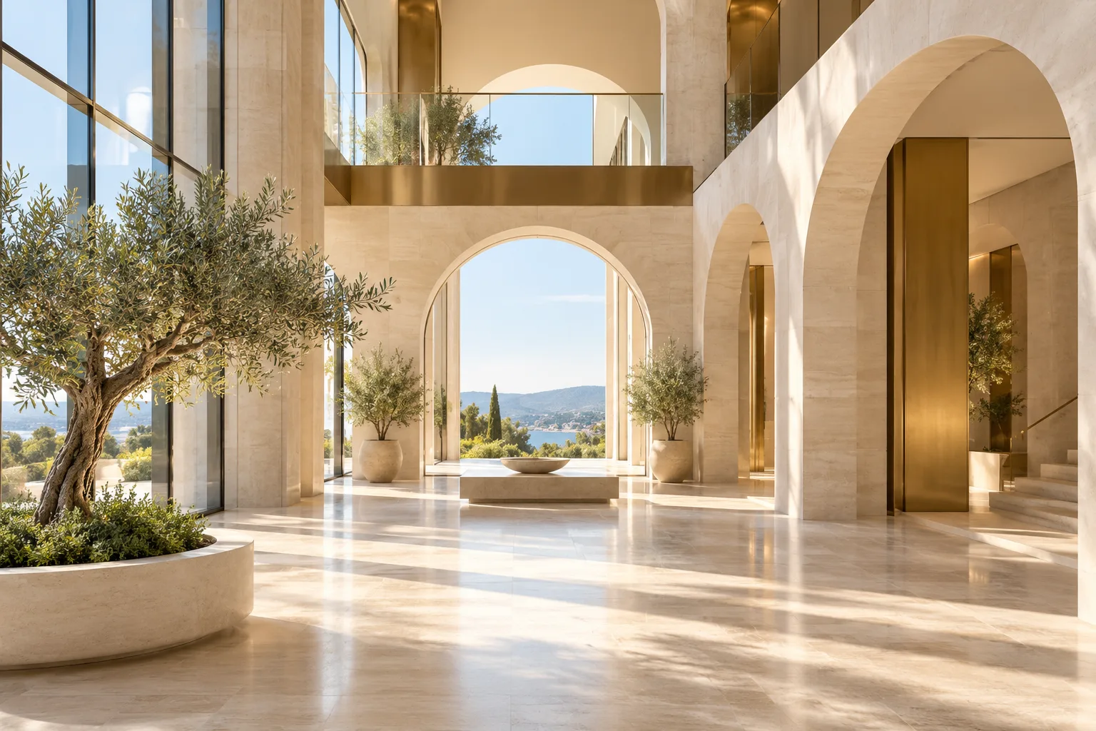 Conceptual sunlit atrium with warm stone and greenery
