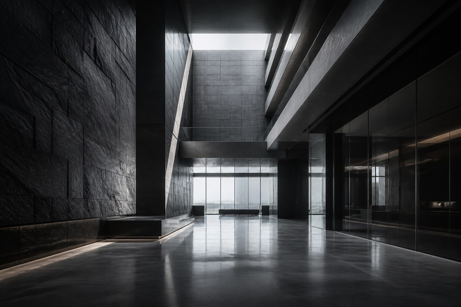 Editorial architectural image of graphite stone walls, glass, and polished concrete