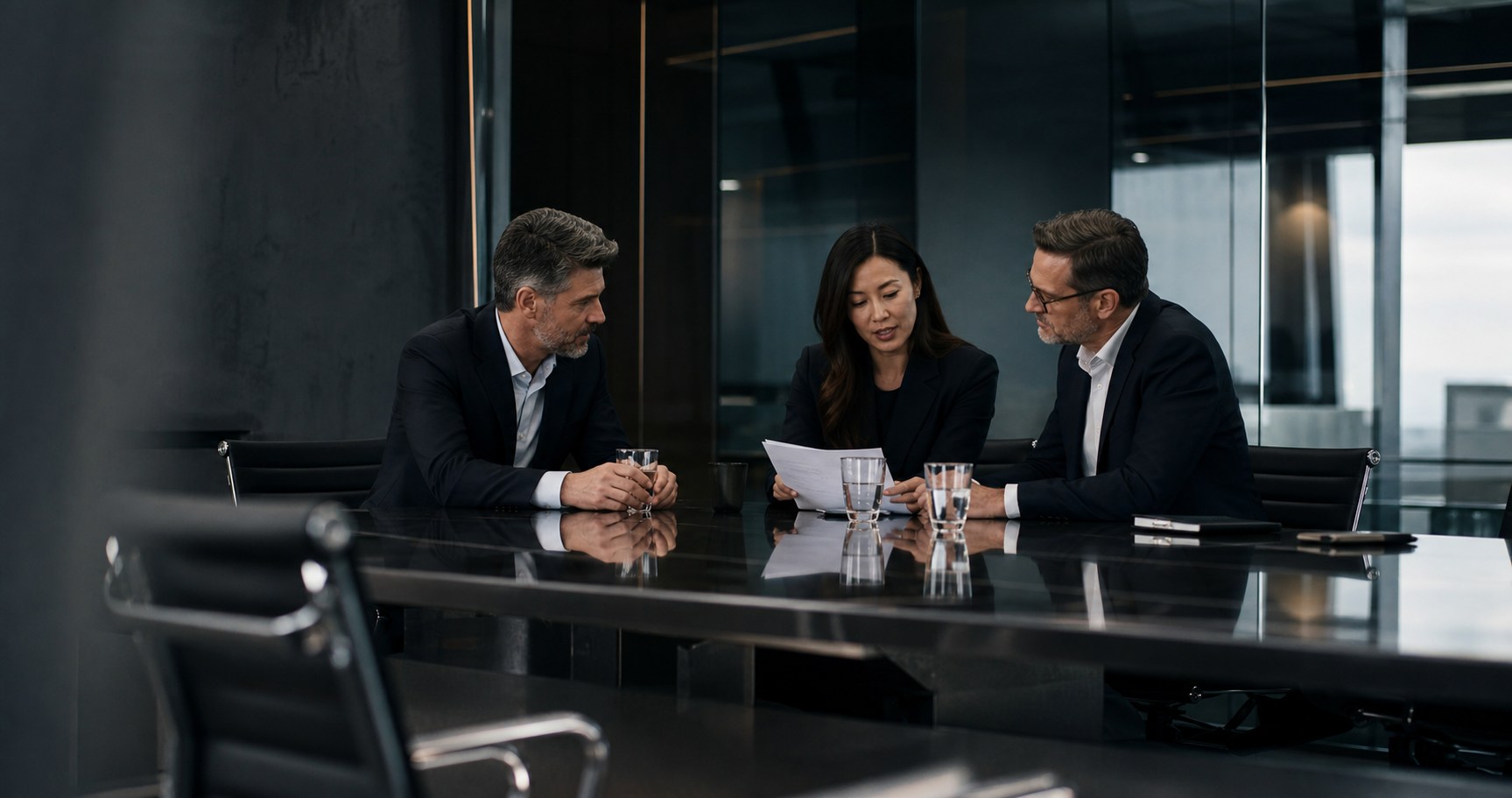 Editorial image of three business professionals in a private strategic discussion