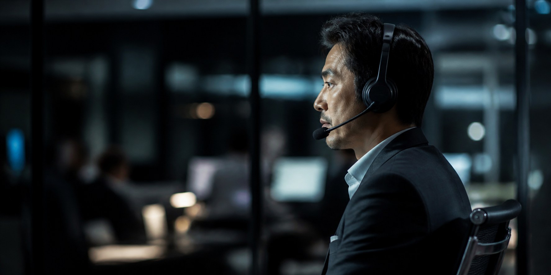 Editorial image of a global operations professional coordinating work by headset