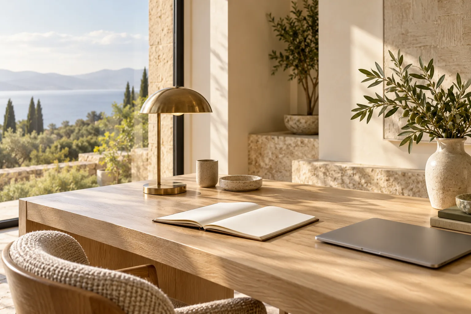 Conceptual workspace with natural light and a blank notebook
